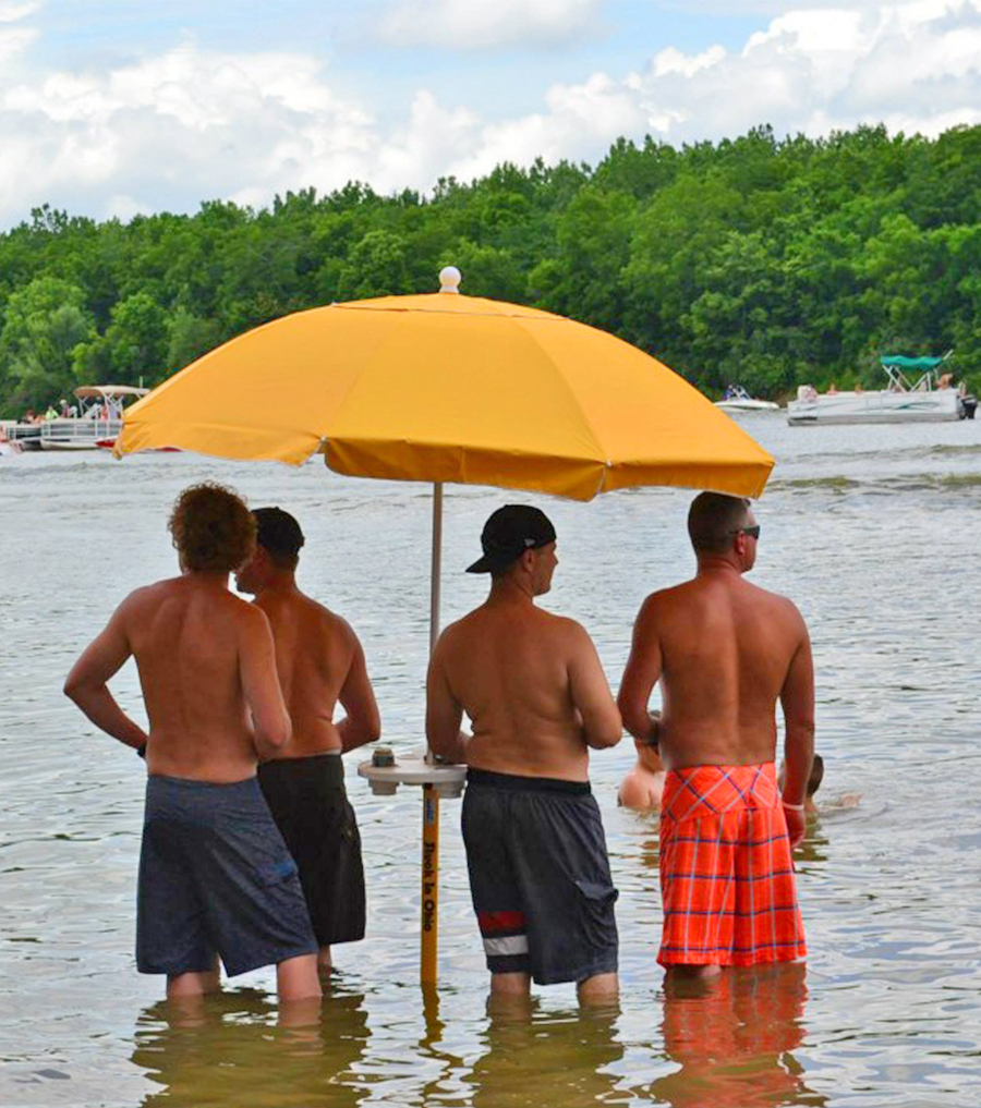 Beach umbrella table with drink holder sand anchor stools AugHog
